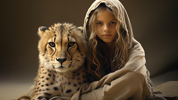 Photo a girl with a cheetah and a cheetah