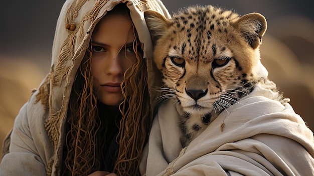 Photo a girl with a cheetah on her shoulder and a leopard