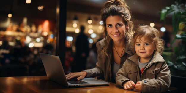 girl with a child and a laptop in a cafe Generative AI