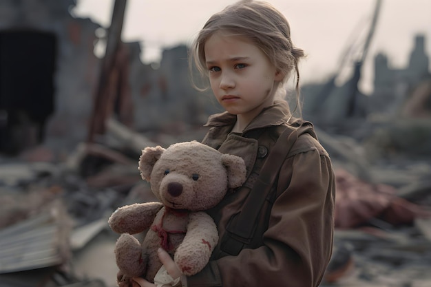 A girl with a children's toy teddy bear stands in the middle of a house damaged by war Generative AI