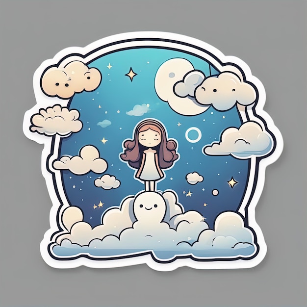 girl with clouds and moonvector sticker of a cartoon illustration with cute girl in cloud