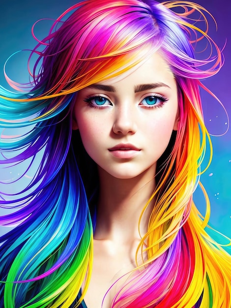 A girl with colorful hair and a rainbow hair.