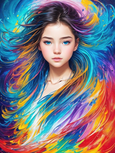 Girl with colorful hair on the wallpaper