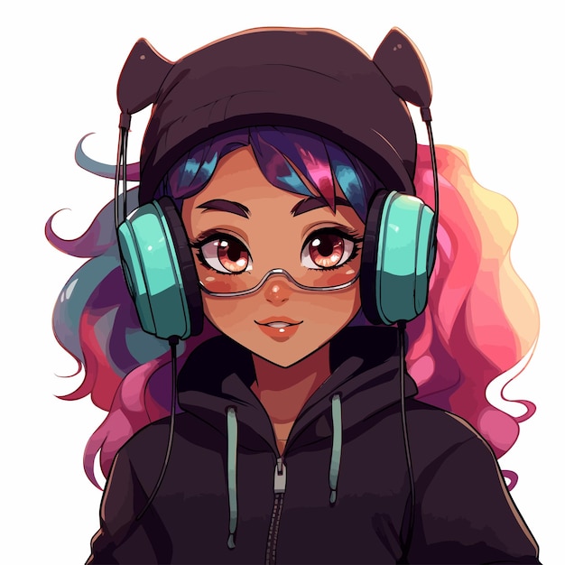 A girl with colorful hair wearing headphones and a hoodie with the words " the name " on it.