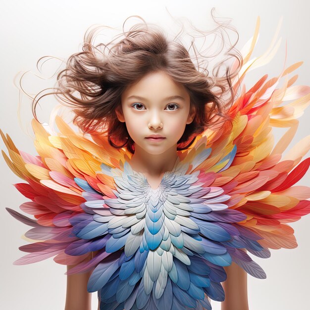 Foto una ragazza con le ali colorate delle ali di una giovane ragazza.