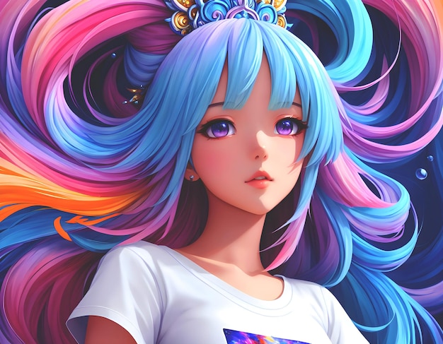 Girl with colorfull hair created with artificial intelligence