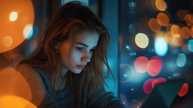 Girl with a computer in the bokeh of lights