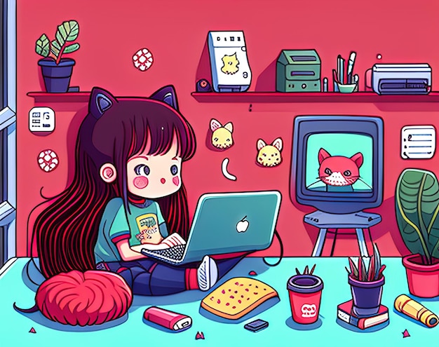 Girl with a computer and cat sitting on a desk home work cat and computer a girl a cat in a cat