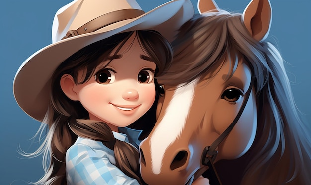 카우보이 모자를 입은 소녀가 말 한 마리를 안고 있다