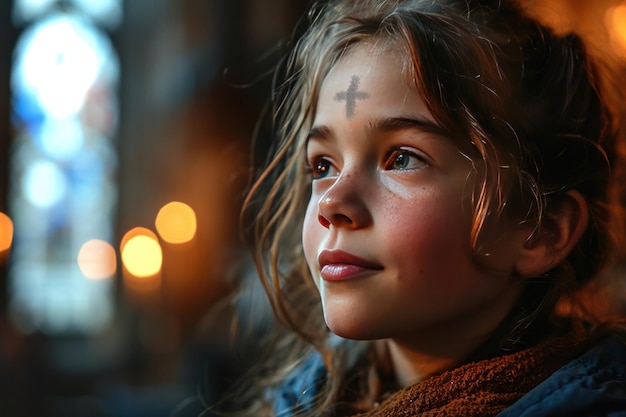Girl with cross made from ash on forehead Ash wednesday concept
