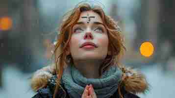 Photo girl with cross made from ash on forehead ash wednesday concept