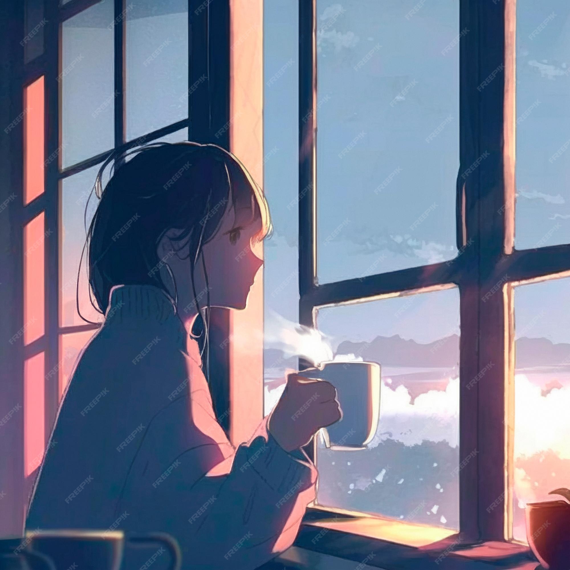 Premium Photo | Girl with a cup of hot tea by the window in anime style