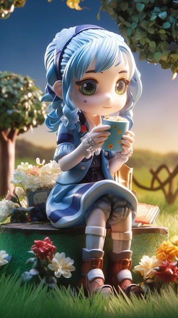 A girl with a cup of tea sits on a bench in a garden.