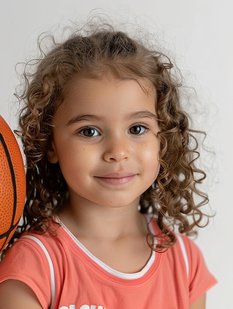 a girl with curly hair holding a basketball