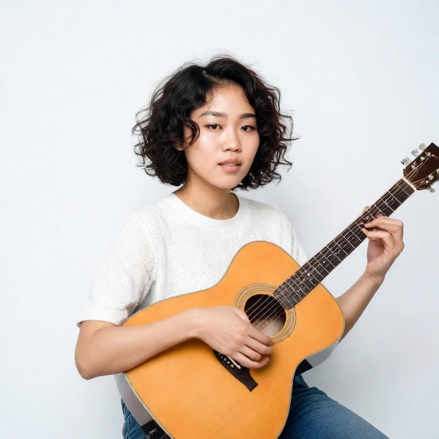 a girl with curly hair holding a guitar