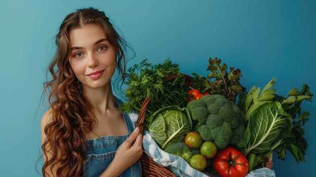 A girl with curly hair holds a basket of fresh vegetables