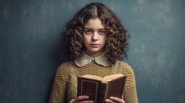 A girl with curly hair holds a book in front of a blue wall.