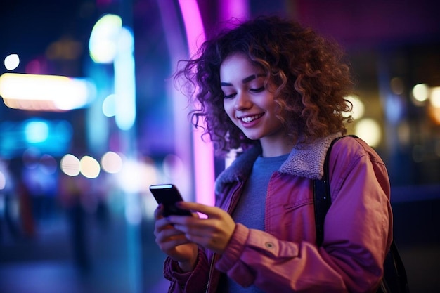 a girl with curly hair is texting on her phone