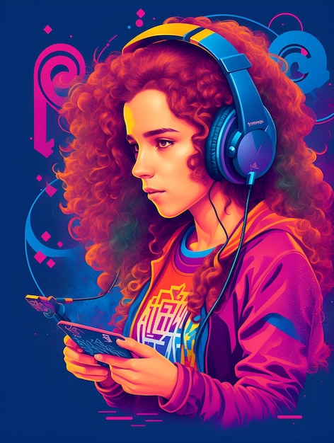 A girl with curly hair playing a game with a phone in her hand.