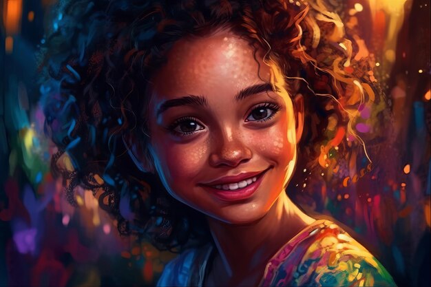 Photo a girl with curly hair and a rainbow of colors