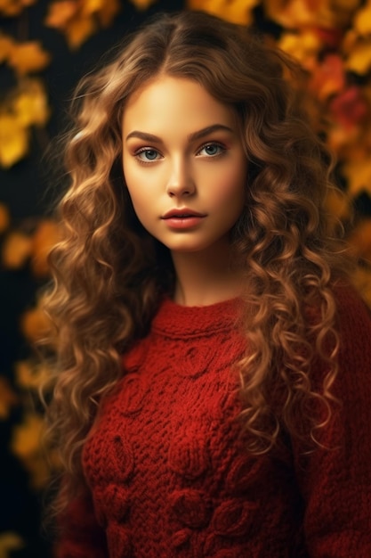 巻き毛と赤いセーターを着た女の子