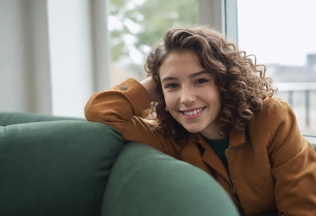 a girl with curly hair sits on a green couch