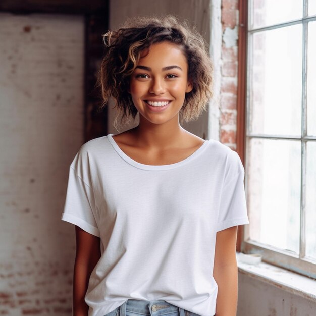 Photo a girl with curly hair stands in front of a window