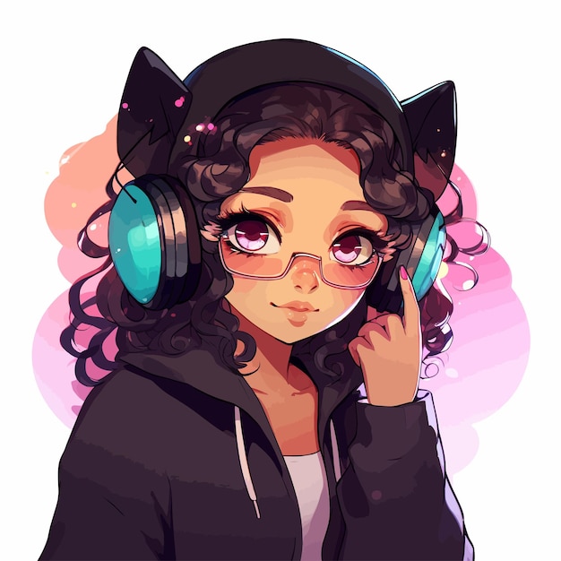 A girl with curly hair wearing headphones and a hoodie.