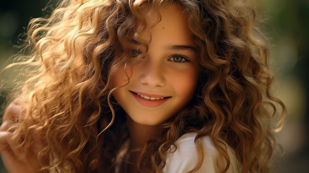 Photo a girl with curly hair and a white shirt