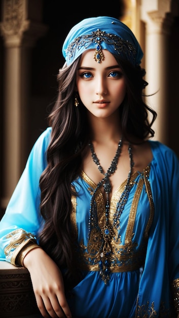 Girl with Dark long hair and piscine blue eyes and in Arabian clothes