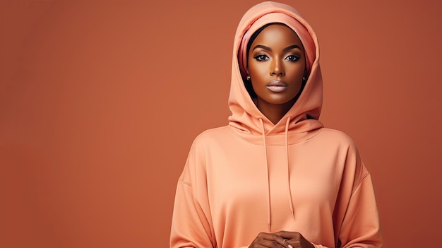 A girl with dark skin in a beige hoodie on a beige background