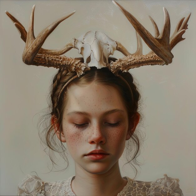 Photo a girl with a deer head and horns on her head