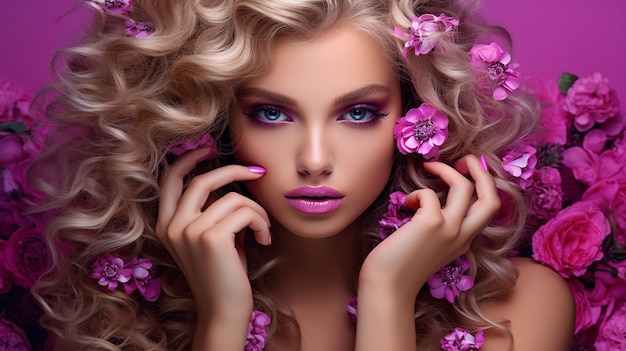 Photo girl with delicate flowers in hair and fashion fuchsia with flowers