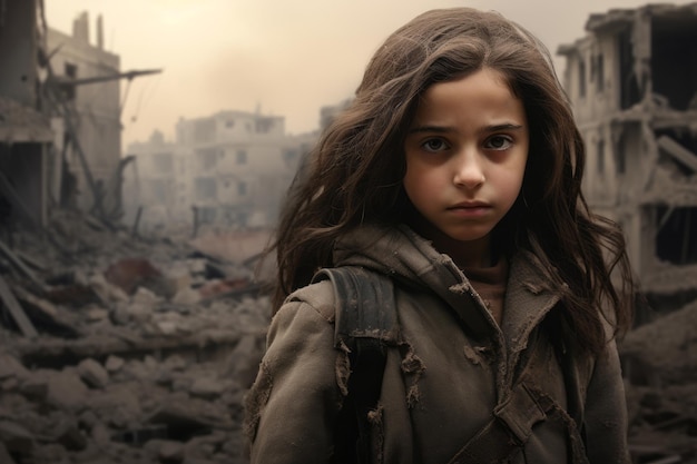 Girl with dirty face in front of destroyed building