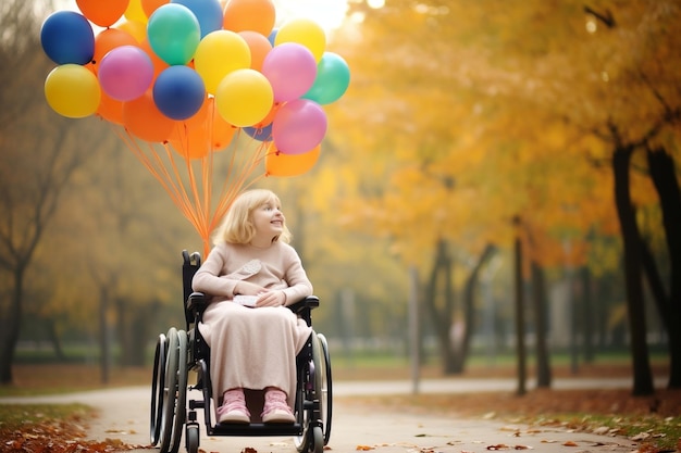 Girl with Disabilities in a Wheelchair with Balloons in a Park Generative AI