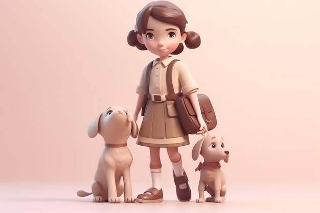 A girl with a dog and a backpack stands next to her.