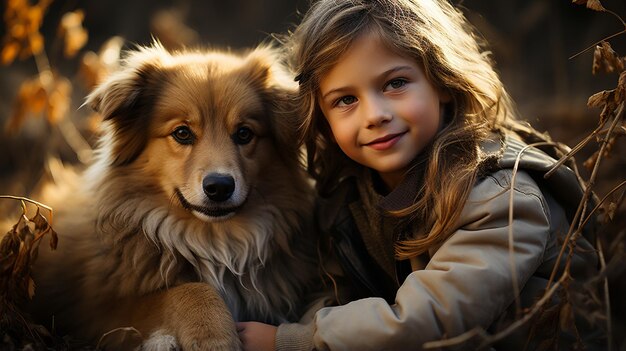 森で犬を飼っている女の子