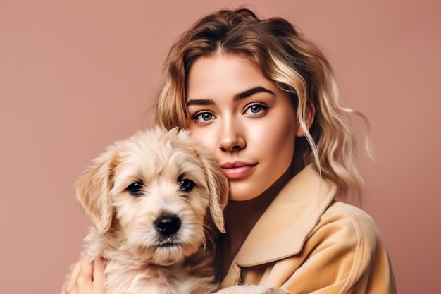 girl with a dog on a light background