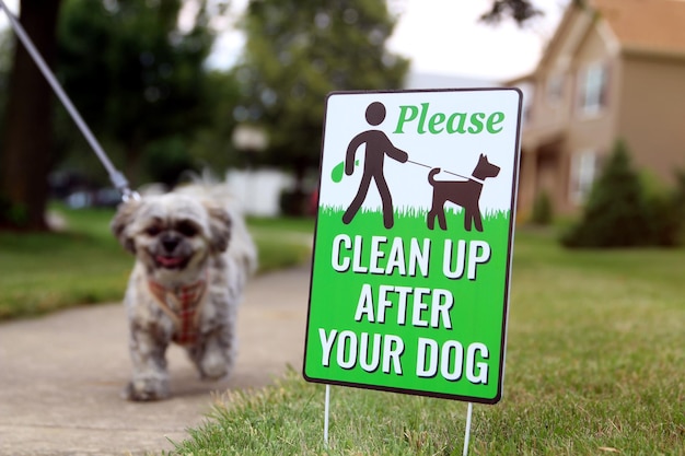 girl with a dog outside the warning sign clean up after your dog