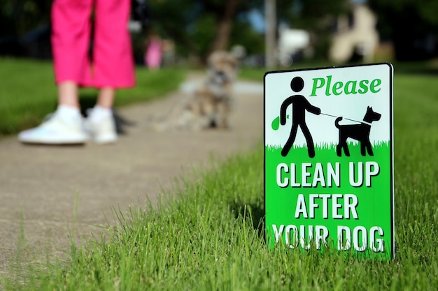 girl with a dog outside the warning sign clean up after your dog