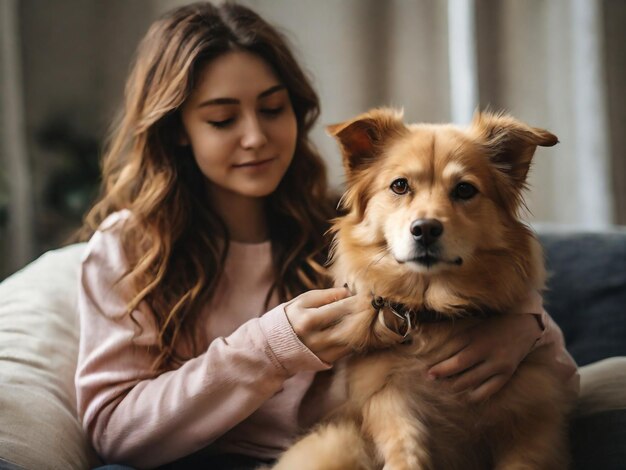 a girl with a dog that has a collar that says quot she is holding it quot