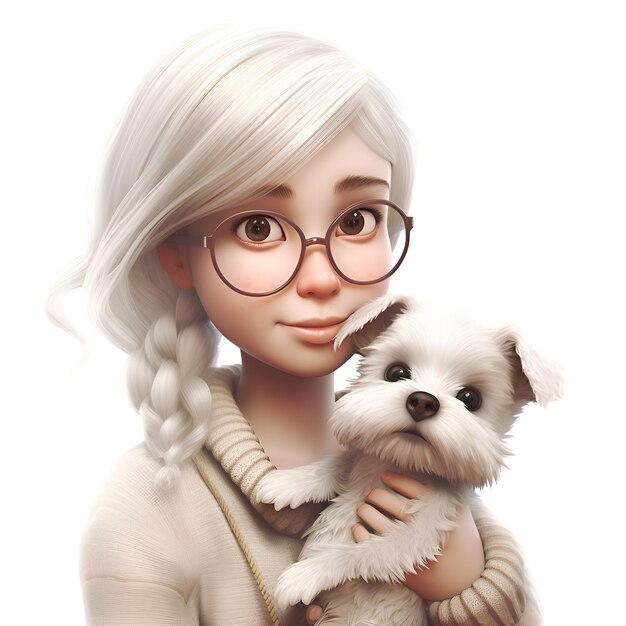 Girl with a dog on a white background 3d rendering