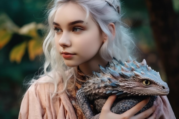 A girl with a dragon on her shoulder