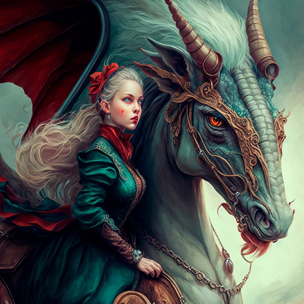 Photo a girl with a dragon in the style of fantasy