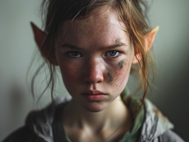 Девушка с эльфийскими ушами и грязью на лице