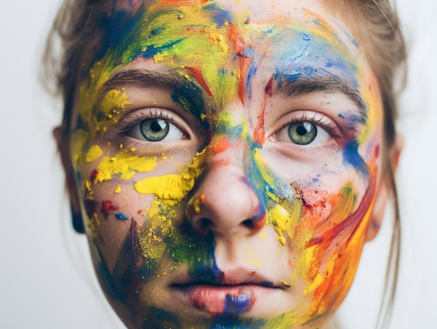 Foto una ragazza con una faccia dipinta con la vernice sul viso