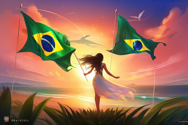 a girl with a flag and a girl with a sun and sea in the background.