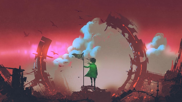a girl with flag standing on ruins of city looking at clouds in the red sky, digital art style, illustration painting