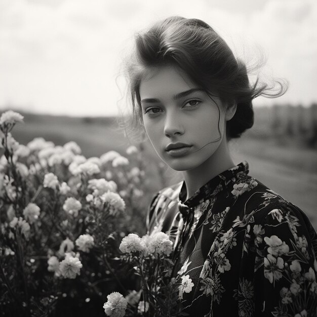 A girl with flower black amp white aesthetic style photo