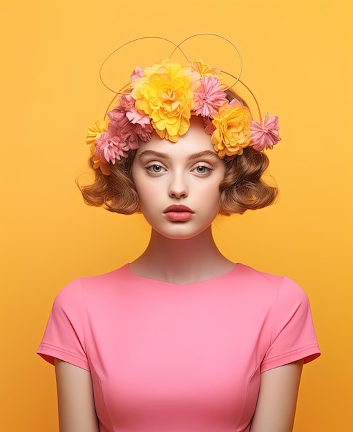 girl with flower crown on pink background